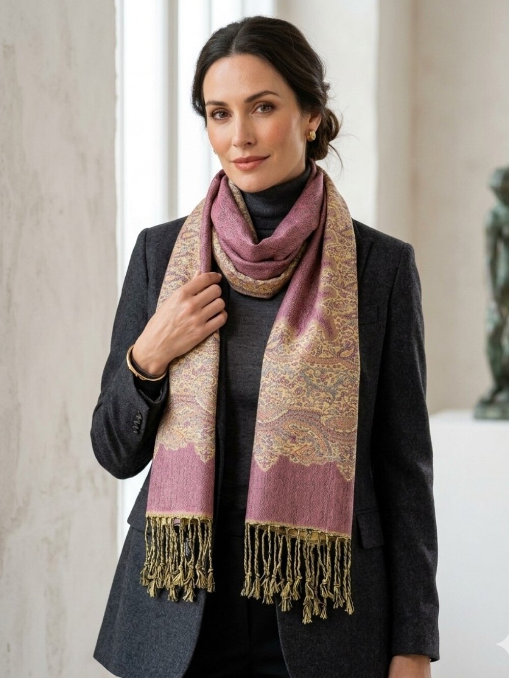 ITALMODE Blush & Beige Arabesque Fringe Scarf -Reversible